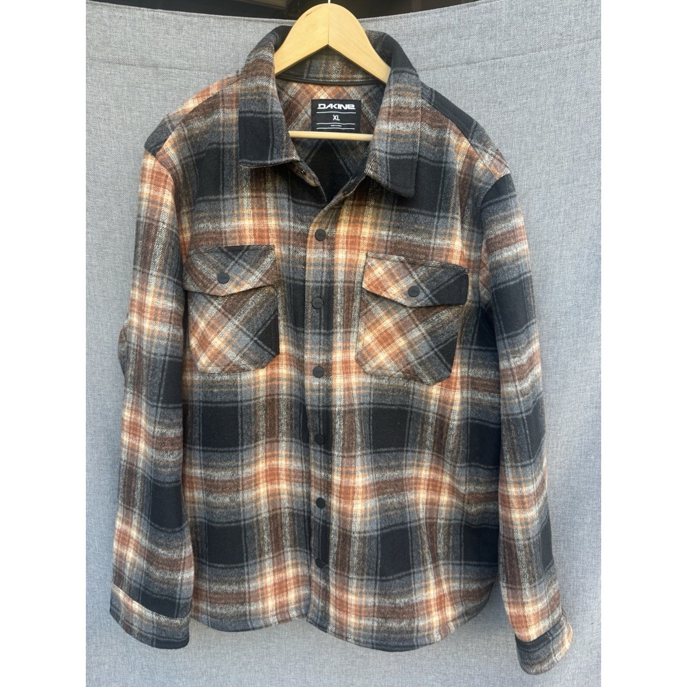 Dakine Mens XL Flannel Shirt Jacket Fleece-lined Snap Plaid Black Brown
